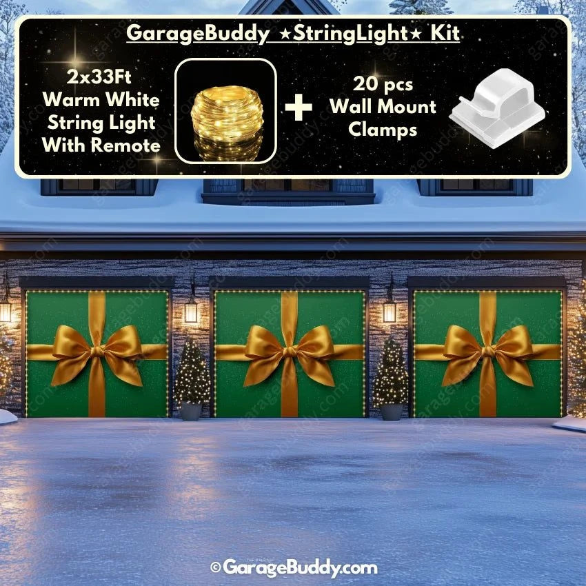 Gift Wrap Green Christmas Garage Door Cover with String Light Kit - GarageBuddy