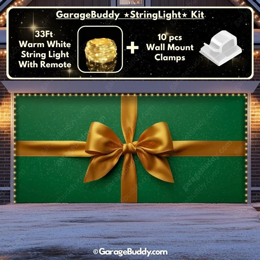 Gift Wrap Green Christmas Garage Door Cover with String Light Kit - GarageBuddy