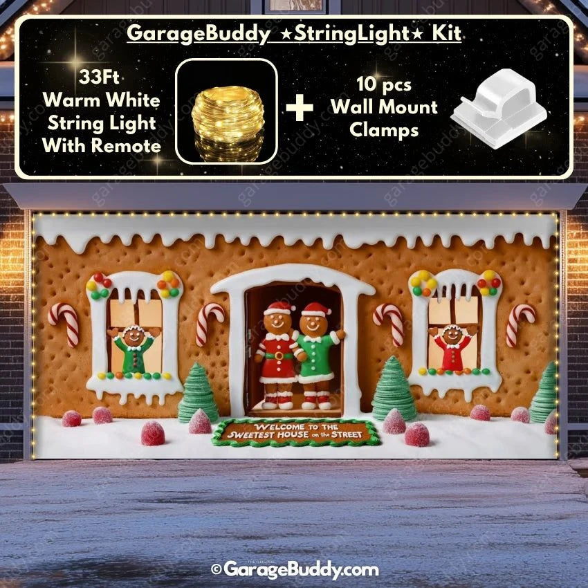 Gingerbread Family Christmas Garage Door Cover with Lights - GarageBuddy