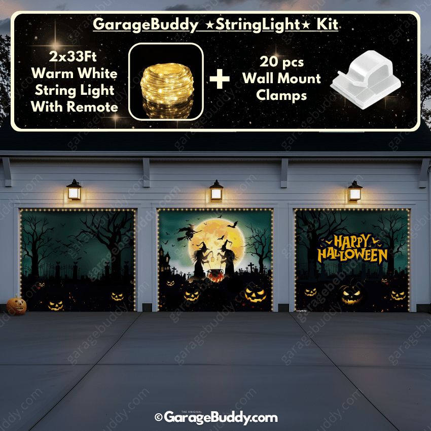 Graveyard Scene Halloween Garage Door Cover with Garage String Warm Light with remote and wall mount clamps