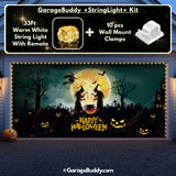 Graveyard Scene Halloween garage door cover on a double-door garage, featuring glowing lights and a spooky design of a haunted girl for a chilling Halloween display
