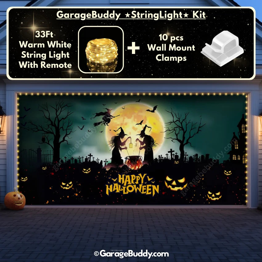 Graveyard Scene Halloween garage door cover on a double-door garage, featuring glowing lights and a spooky design of a haunted girl for a chilling Halloween display