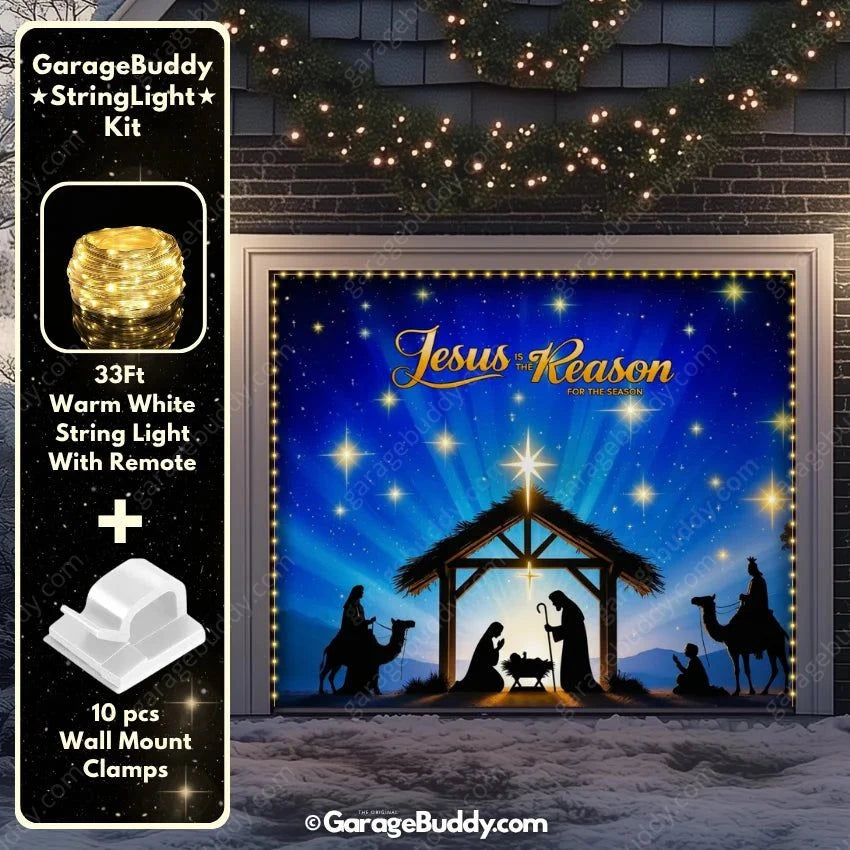 Jesus is the Reason Christmas Garage Door Cover with String Light Kit | GarageBuddy