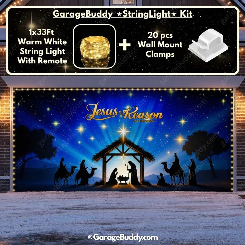 Jesus is the Reason Christmas Garage Door Cover with String Light Kit | GarageBuddy