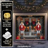 Nutcracker Guards garage door cover on a single-door garage, decorated with glowing lights and festive holiday-themed nutcracker soldier designs.