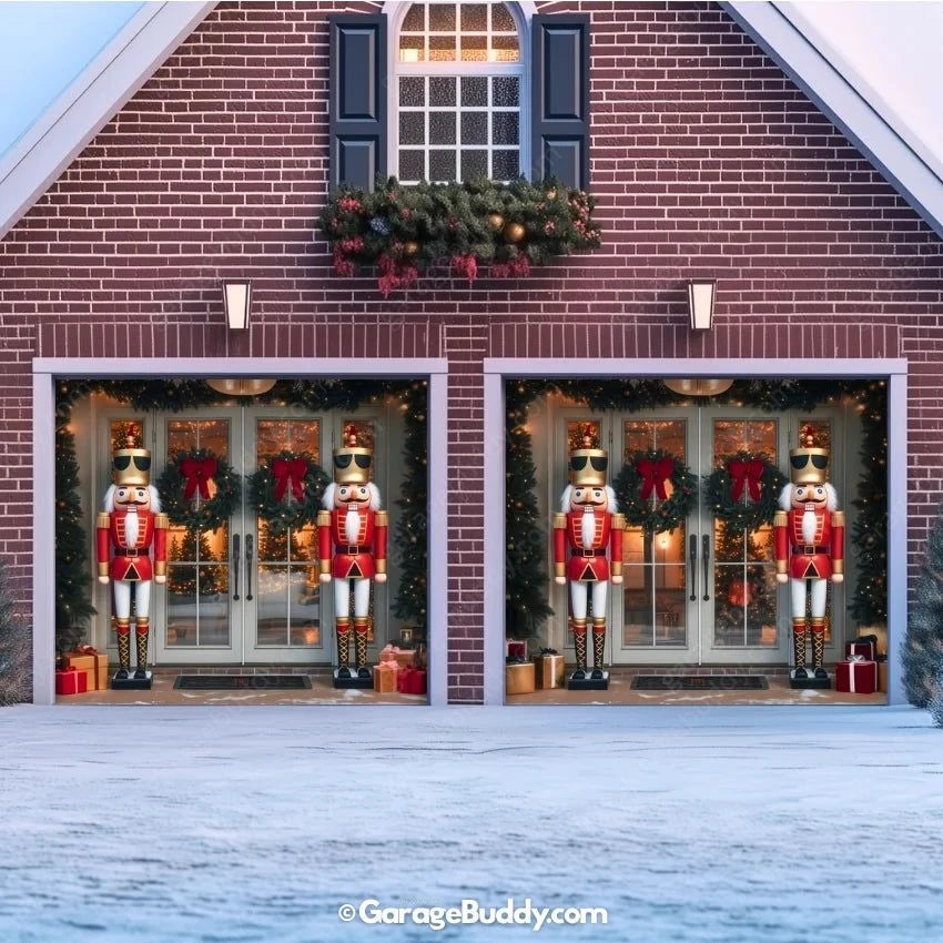 Nutcracker Guards garage door cover on a 2-door garage, decorated with glowing lights and festive holiday-themed nutcracker soldier designs.