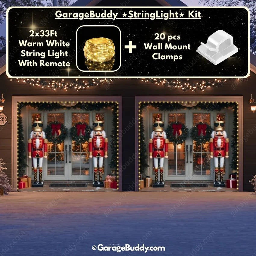 Nutcracker Guards garage door cover on a 2-door garage, decorated with glowing lights and festive holiday-themed nutcracker soldier designs.