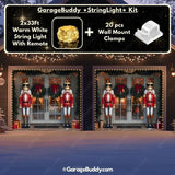 Nutcracker Guards garage door cover on a 2-door garage, decorated with glowing lights and festive holiday-themed nutcracker soldier designs.