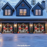 Nutcracker Guards garage door cover on a 3-door garage, decorated with glowing lights and festive holiday-themed nutcracker soldier designs.