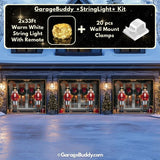 Nutcracker Guards garage door cover on a double-door garage, decorated with glowing lights and festive holiday-themed nutcracker soldier designs.