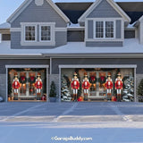 Nutcracker Guards Halloween garage door cover on a single & Double garage door, featuring festive nutcracker soldier designs for a classic holiday look.