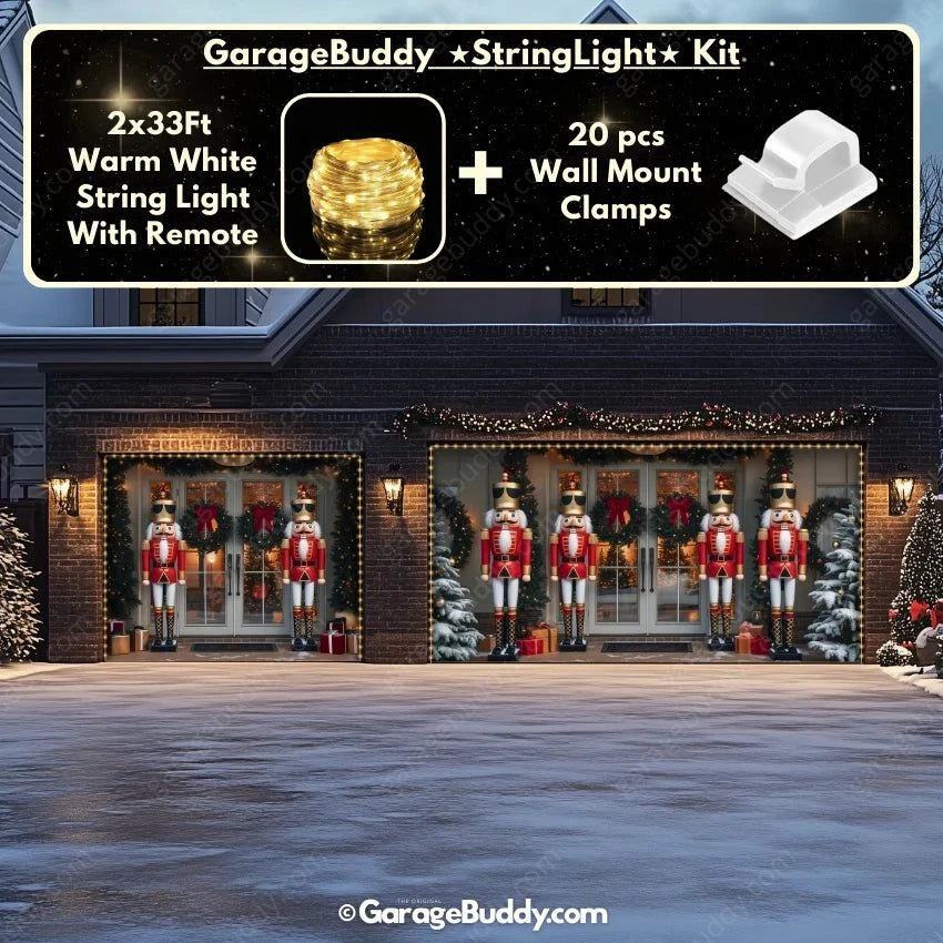 Nutcracker Guards garage door cover on a double-door garage, decorated with glowing lights and festive holiday-themed nutcracker soldier designs