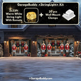 Nutcracker Guards garage door cover on a double-door garage, decorated with glowing lights and festive holiday-themed nutcracker soldier designs