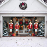 Nutcracker Guards garage door cover on a double-door garage, festive holiday-themed nutcracker soldier designs.