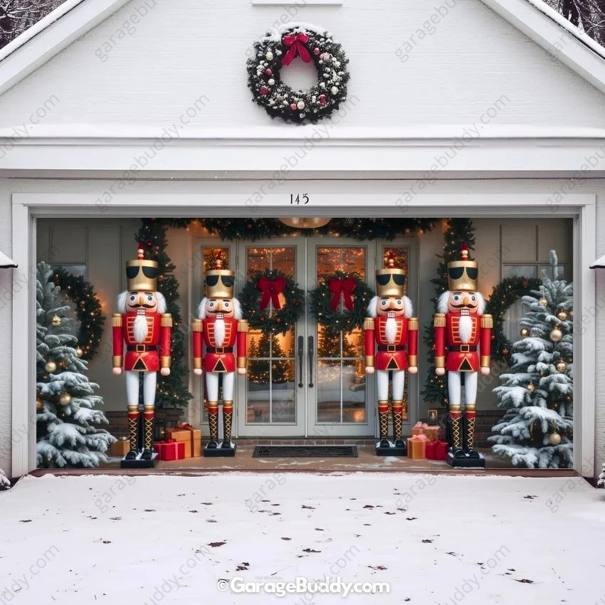 Nutcracker Guards garage door cover on a double-door garage, decorated with glowing lights and festive holiday-themed nutcracker soldier designs.
