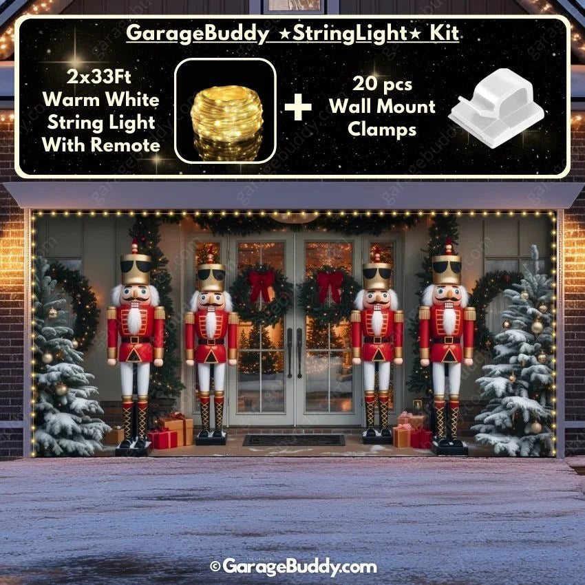 Nutcracker Guards garage door cover on a double-door garage, decorated with glowing lights and festive holiday-themed nutcracker soldier designs.