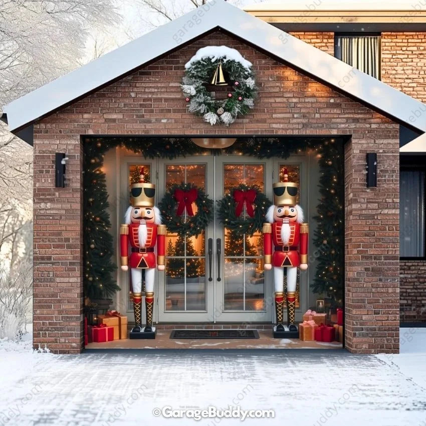 Nutcracker Guards garage door cover on a single-door garage, festive holiday-themed nutcracker soldier designs.
