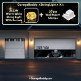 GarageBuddy Peeking Clown Halloween garage door cover for 2-door garages with glowing lights, spooky decoration for a festive outdoor display.