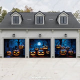 Pumpkins Scene Halloween garage door cover for three garage doors featuring eerie glowing pumpkins by GarageBuddy.