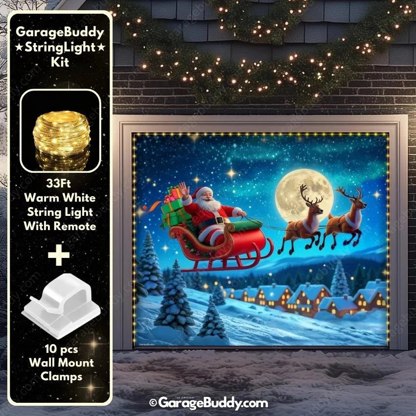 Santa's Flight Christmas Garage Door Cover with Lights- GarageBuddy