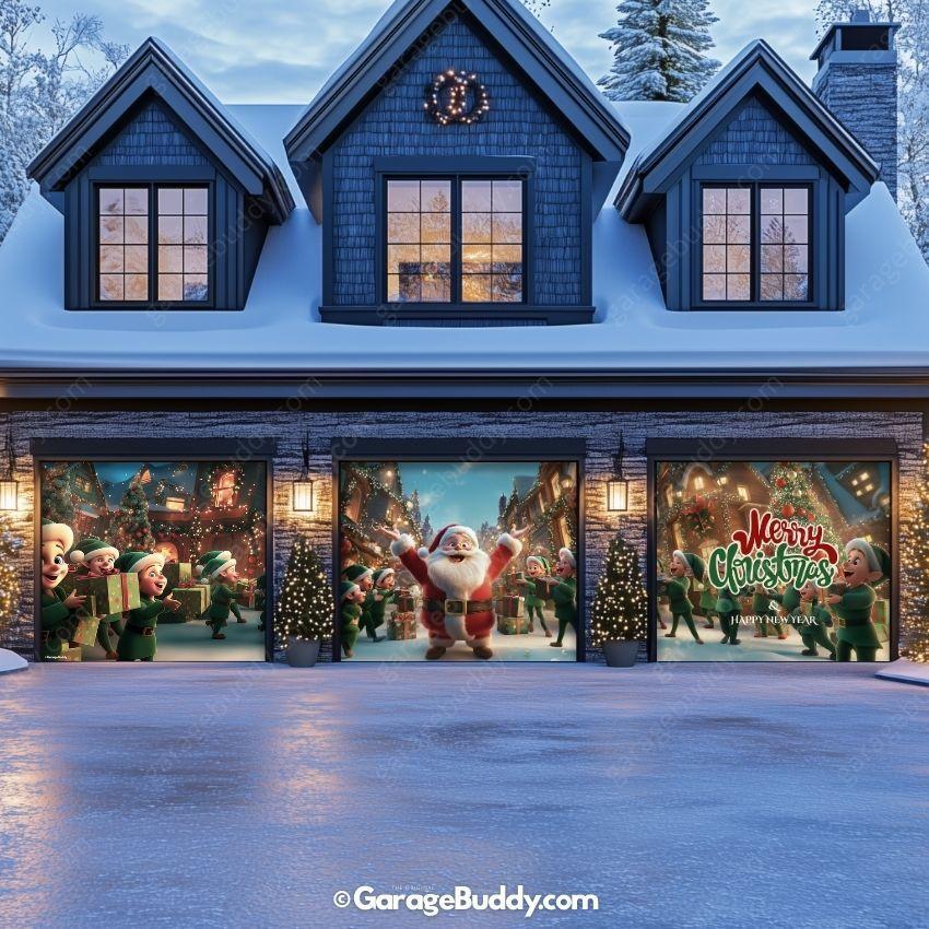 Santa And Elves | Christmas Garage Door Cover