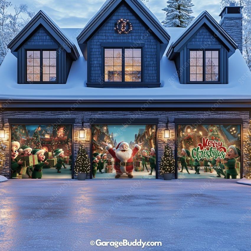 Santa And Elves | Christmas Garage Door Cover