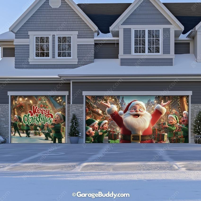 Santa And Elves | Christmas Garage Door Cover