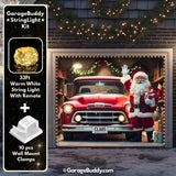 Santa’s Garage garage door cover on a single-door garage, decorated with festive Santa Claus designs and glowing holiday lights.