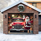 Santa’s Garage garage door cover on a single garage door, featuring festive Santa Claus and Christmas-themed decorations.