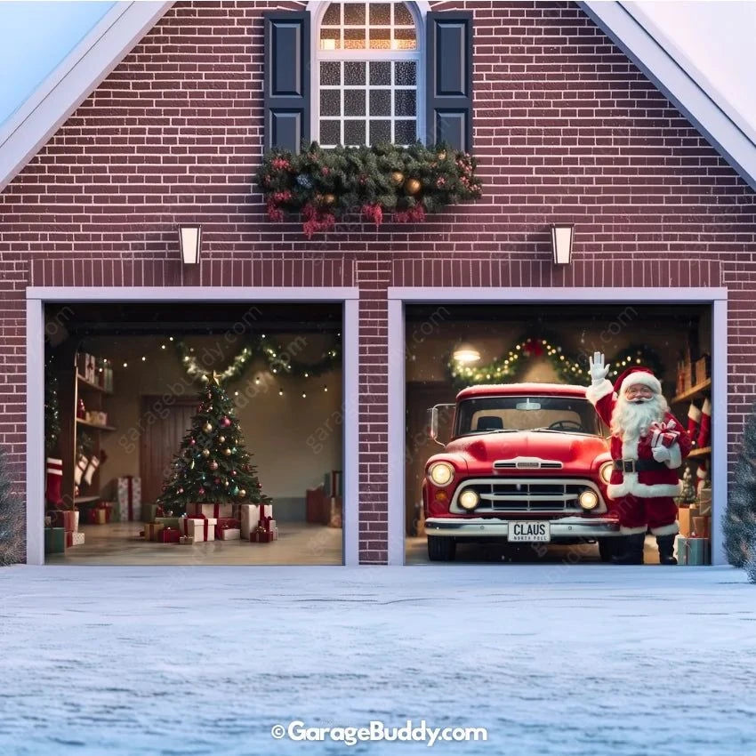 Santa’s Garage garage door cover on a two-door garage, featuring festive holiday designs with Santa Claus and Christmas decorations.