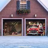 Santa’s Garage garage door cover on a two-door garage, featuring festive holiday designs with Santa Claus and Christmas decorations.