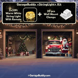 Santa’s Garage garage door cover on a two-door garage, decorated with glowing holiday lights and festive Santa Claus designs.