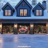 Santa’s Garage garage door cover on a three-door garage, featuring festive holiday designs with Santa Claus and Christmas decorations.