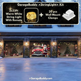Santa’s Garage garage door cover on a three-door garage, decorated with glowing holiday lights and festive Santa Claus-themed designs.