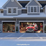 Santa’s Garage Christmas garage door cover on a double single garage door, featuring festive Santa Claus and Christmas-themed decorations.