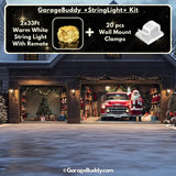 Santa’s Garage Christmas garage door cover on a double single garage door, featuring festive Santa Claus and Christmas-themed decorations.
