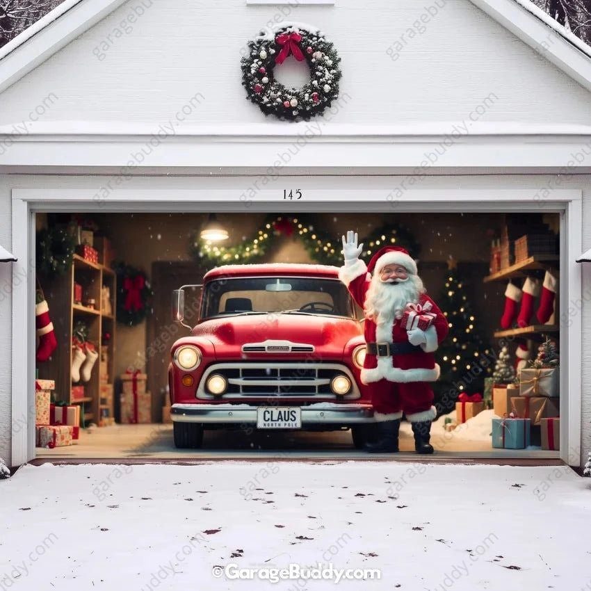 Santa’s Garage garage door cover on a two-door garage, decorated with festive Santa Claus designs.