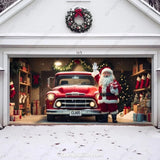 Santa’s Garage garage door cover on a double-door garage, featuring festive holiday designs with Santa Claus and Christmas decorations.