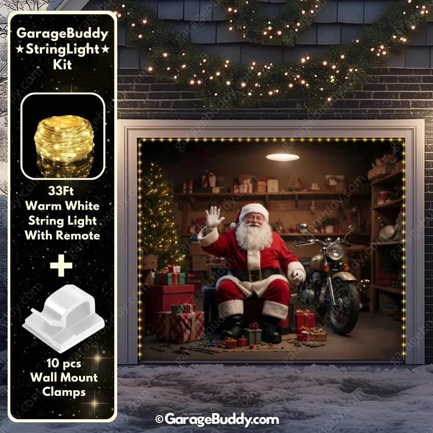 Santa's Workshop Christmas Garage Door Cover with String Light Kit | GarageBuddy