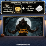 Werewolf Scene Halloween garage door cover on a double-door garage, featuring glowing lights and a spooky design of a haunted girl for a chilling Halloween display