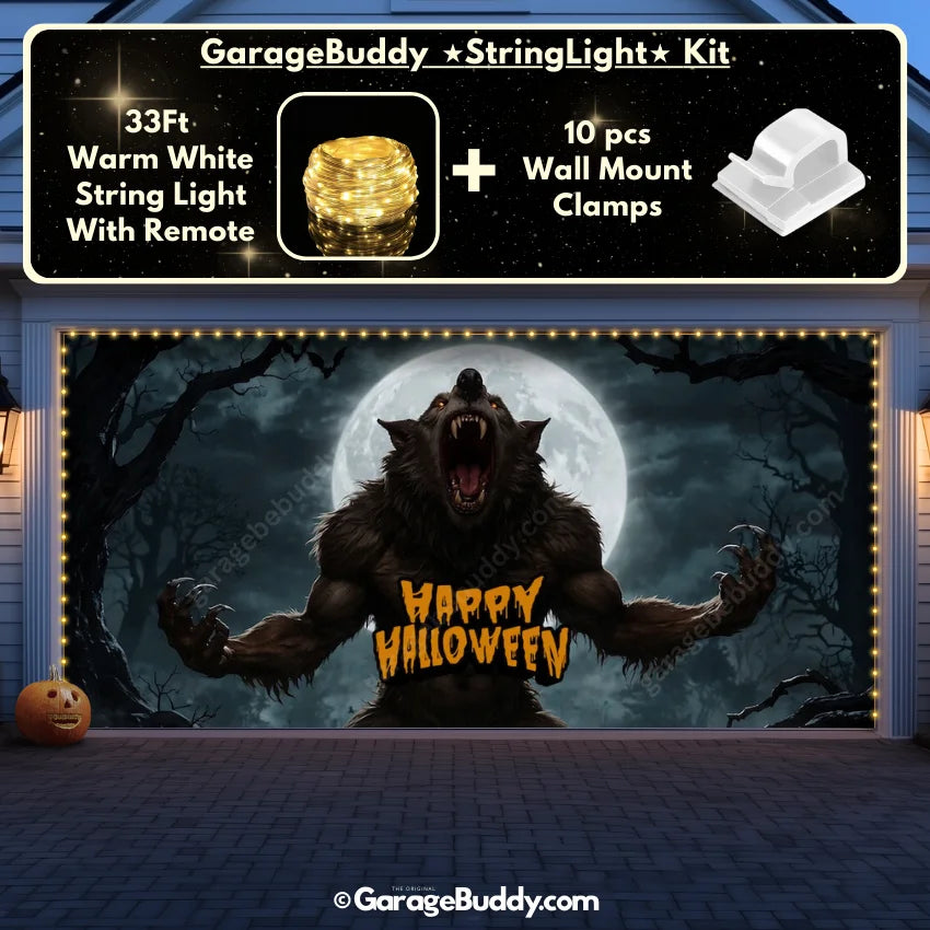Werewolf Scene Halloween garage door cover on a double-door garage, featuring glowing lights and a spooky design of a haunted girl for a chilling Halloween display