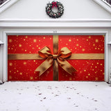 Christmas Holidays garage door cover installed on a garage door, decorated with festive holiday lights and colorful seasonal designs.