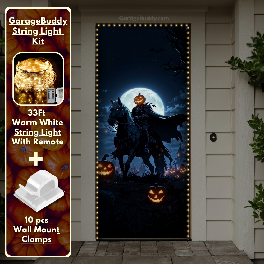 Headless Horseman front door cover featuring spooky Halloween imagery, accented with glowing Halloween lights.