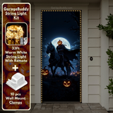 Headless Horseman front door cover featuring spooky Halloween imagery, accented with glowing Halloween lights.