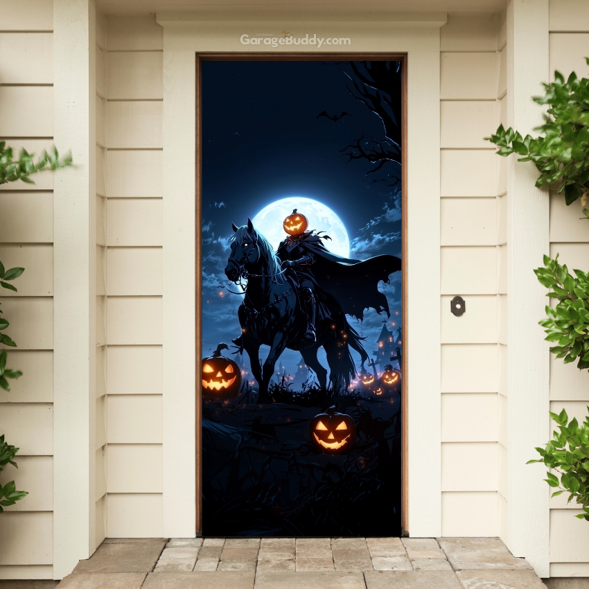 Headless Horseman front door cover featuring spooky Halloween imagery.