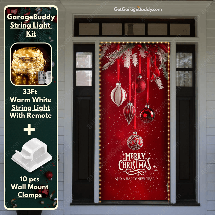 GarageBuddy Merry Christmas Holiday garage door cover featuring a bold “Merry Christmas” message surrounded by festive holiday decorations like snowflakes and ornaments, accented with glowing string lights for a bright and cheerful seasonal display.