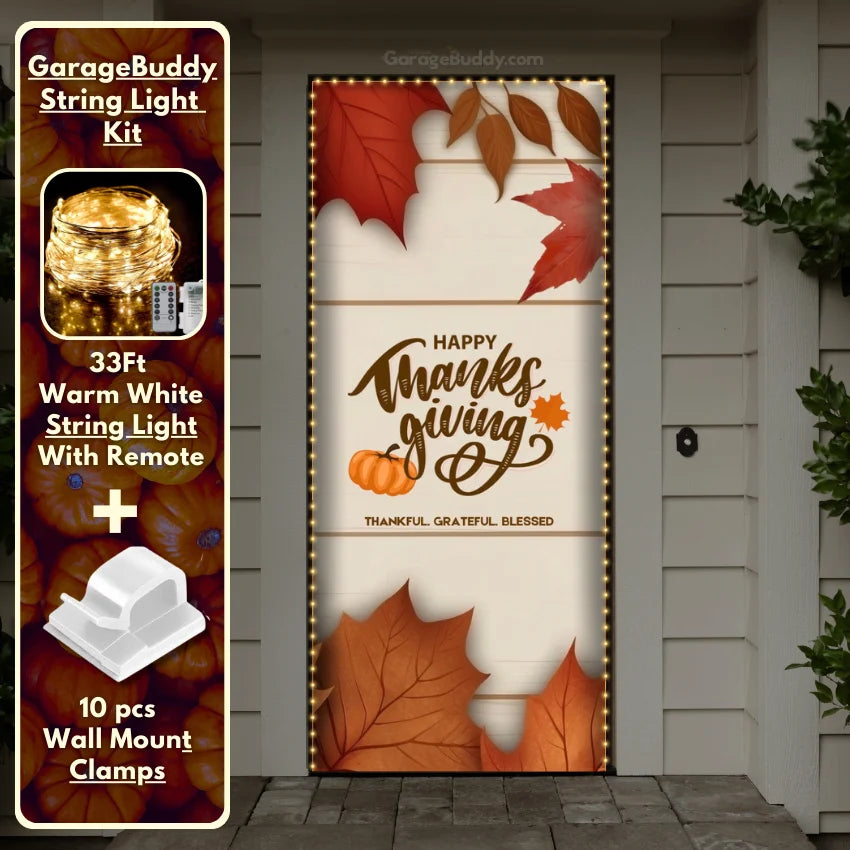 Thanksgiving front door cover decorated with festive autumn designs and outlined with glowing Christmas lights.