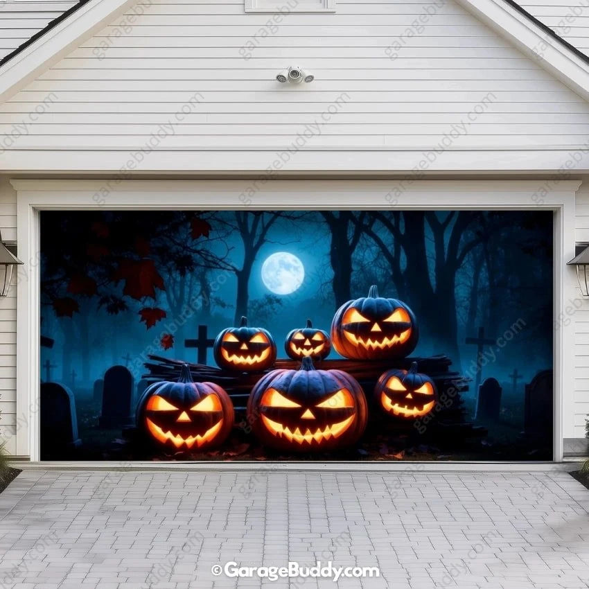Cursed Pumpkins Halloween garage door cover for double garage doors featuring eerie glowing pumpkins by GarageBuddy.