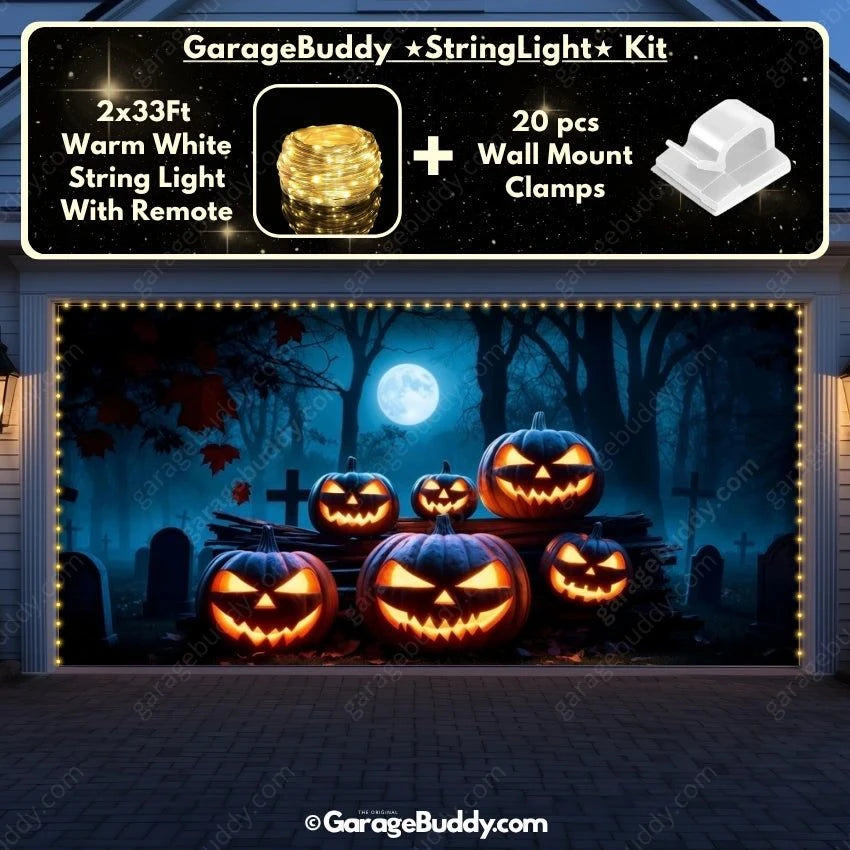Cursed Pumpkins Halloween garage door cover for double garage doors featuring eerie glowing pumpkins with lights by GarageBuddy.